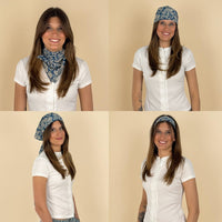 Model wearing the DE LA MUR blue floral scarf as neckerchief and headscarf