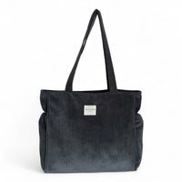 DE LA MUR gray corduroy zippered tote bag, front view with shoulder straps