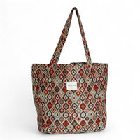 DE LA MUR Bea geometric jacquard tote bag in multicolor diamonds, front view