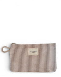 DE LA MUR beige corduroy small makeup bag with wrist strap, front view