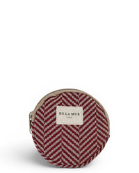 DE LA MUR round coin purse in beige and burgundy herringbone jacquard, front view