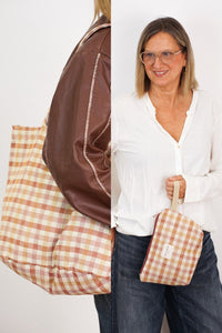 Gingham Jacquard Large Tote Bag & Large Makeup Bag Gift Set – Terracotta & Orange (Zia)