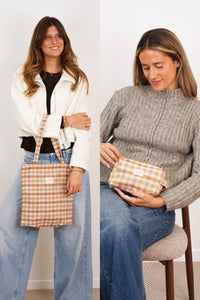 Set de regalo de bolso tote mediano y neceser de jacquard de cuadros vichy – Terracota y naranja (Zia)