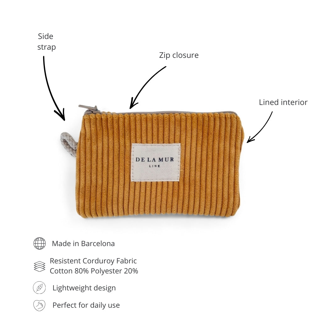 DE LA MUR mustard corduroy coin purse features infographic with labeled details