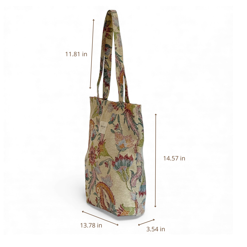 DE LA MUR multicolor floral bag dimensions diagram in inches