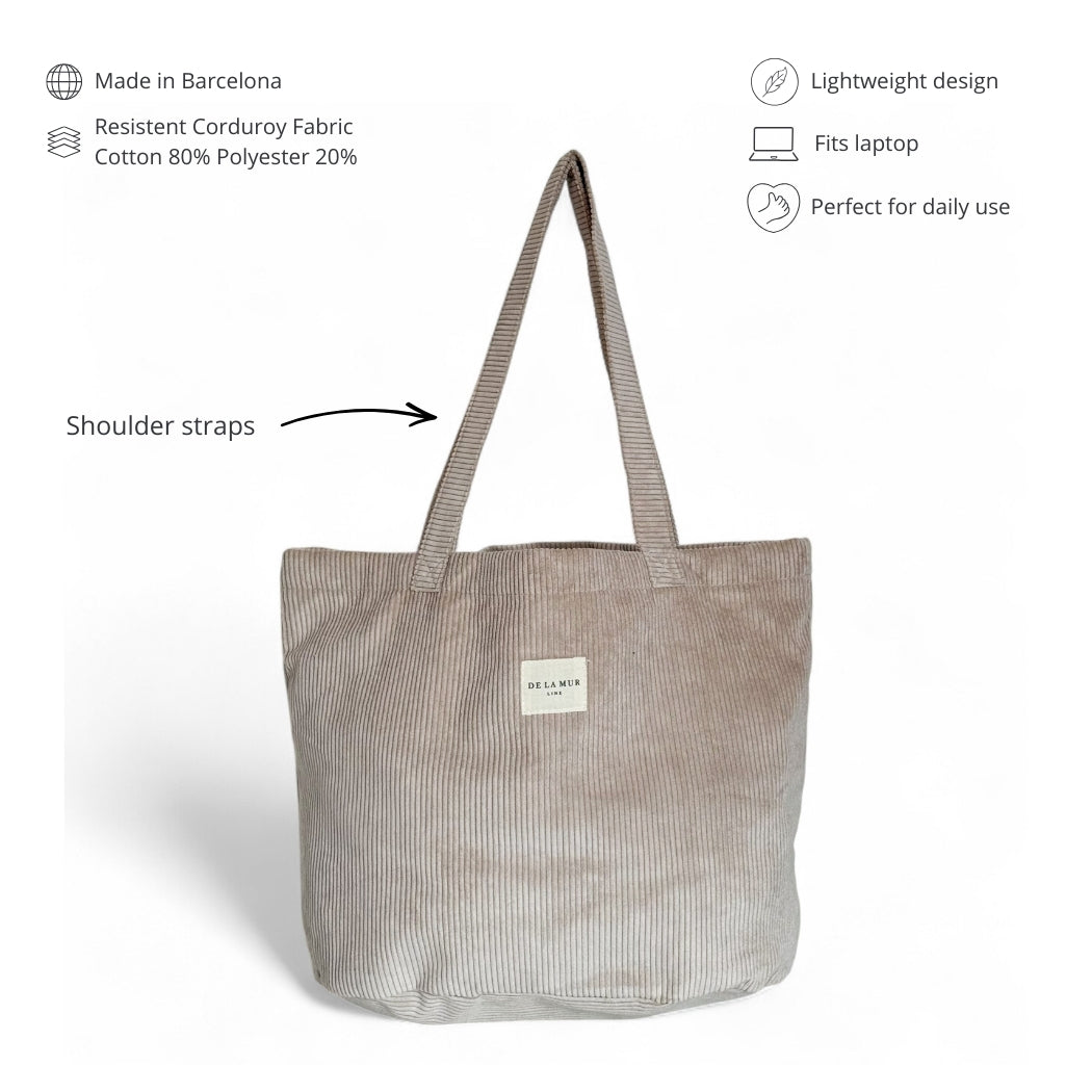 DE LA MUR beige corduroy large tote features infographic with shoulder straps