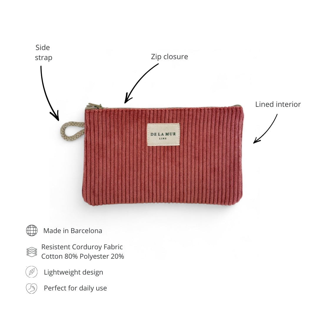 DE LA MUR coral corduroy pouch features infographic: side strap, zip, lined interior