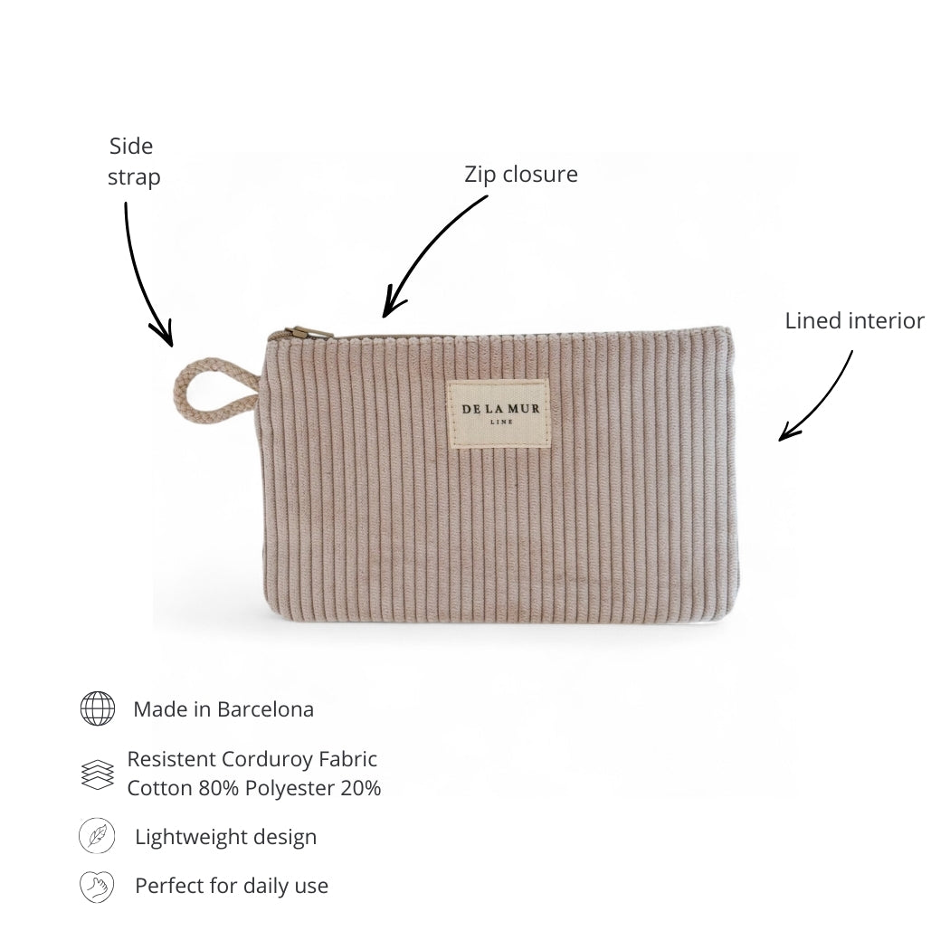 DE LA MUR corduroy makeup bag features: zip, side strap, lined interior