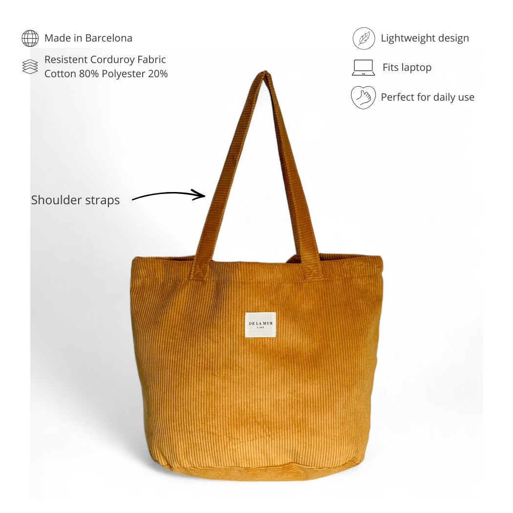 DE LA MUR mustard corduroy tote features infographic with shoulder straps
