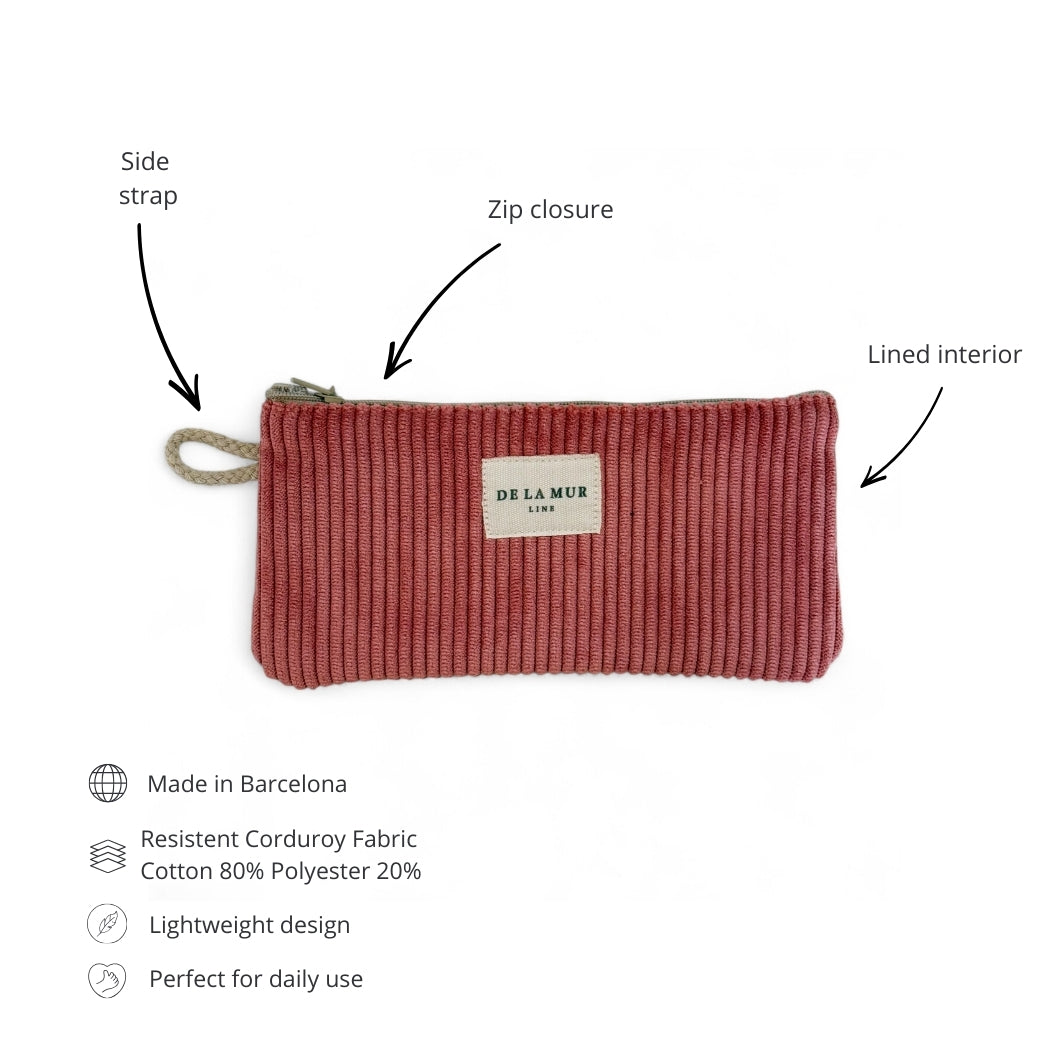DE LA MUR coral corduroy eyewear case features: zip closure, lined interior