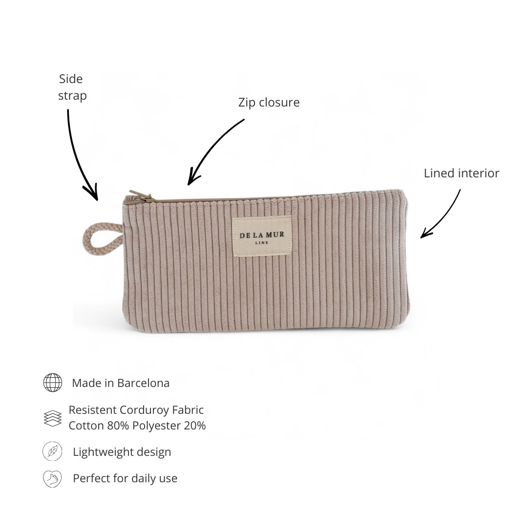 DE LA MUR corduroy eyewear case features: zip, side strap, lined interior