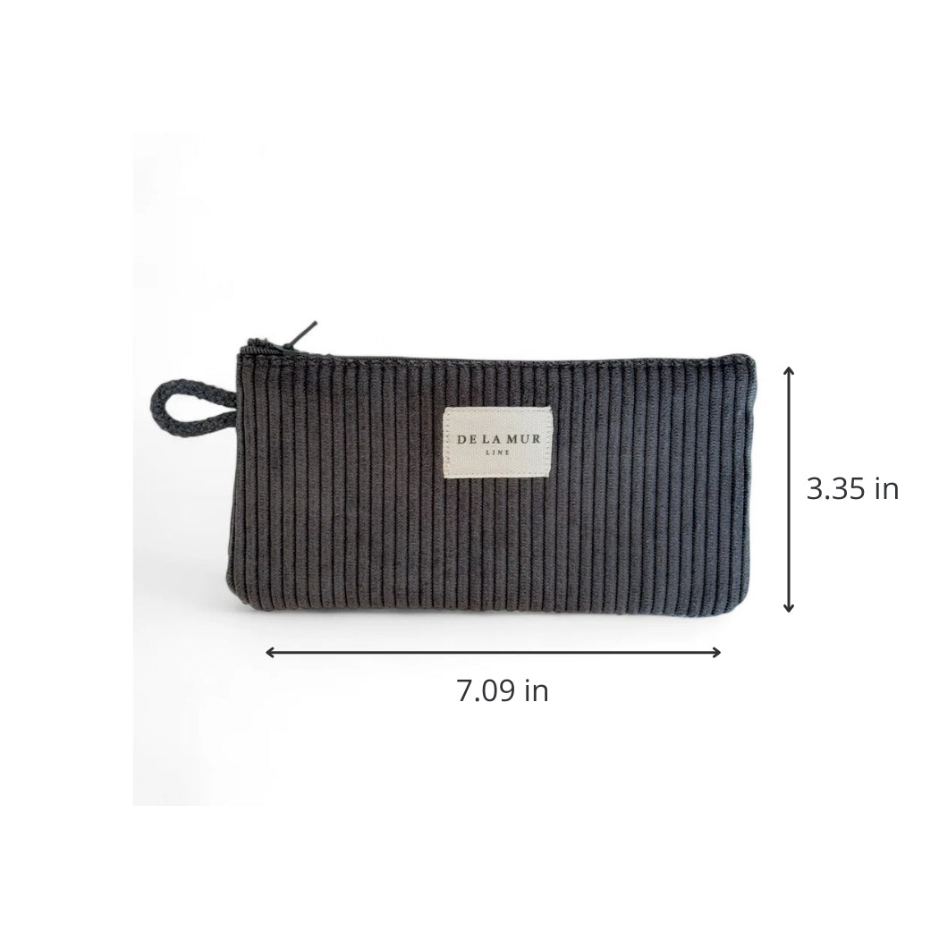 DE LA MUR Boni gray corduroy eyewear case dimensions diagram, 7.09 x 3.35 in