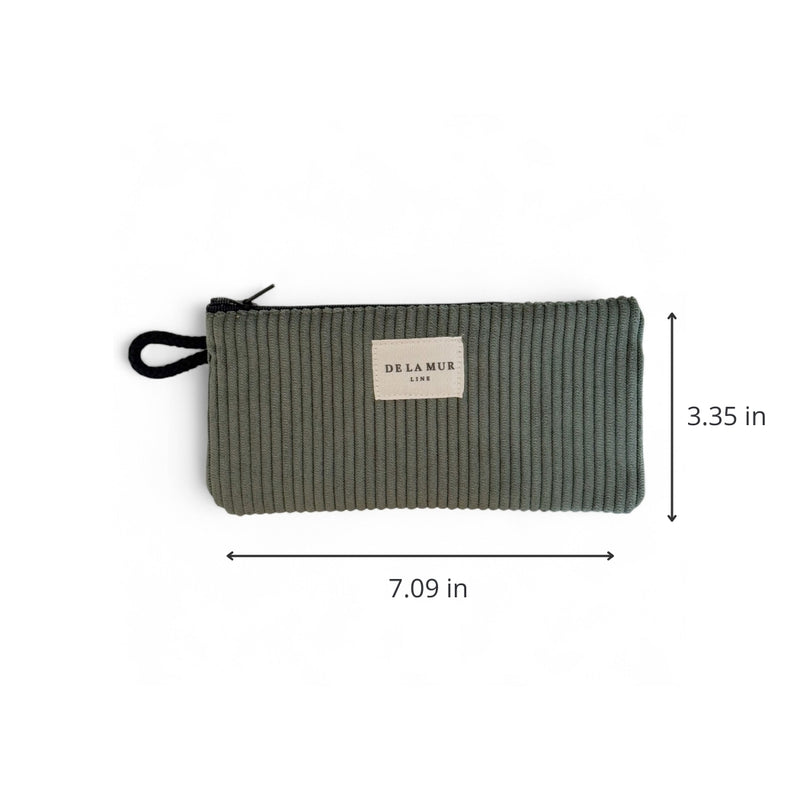 DE LA MUR green corduroy eyewear case, flat view with dimensions in inches
