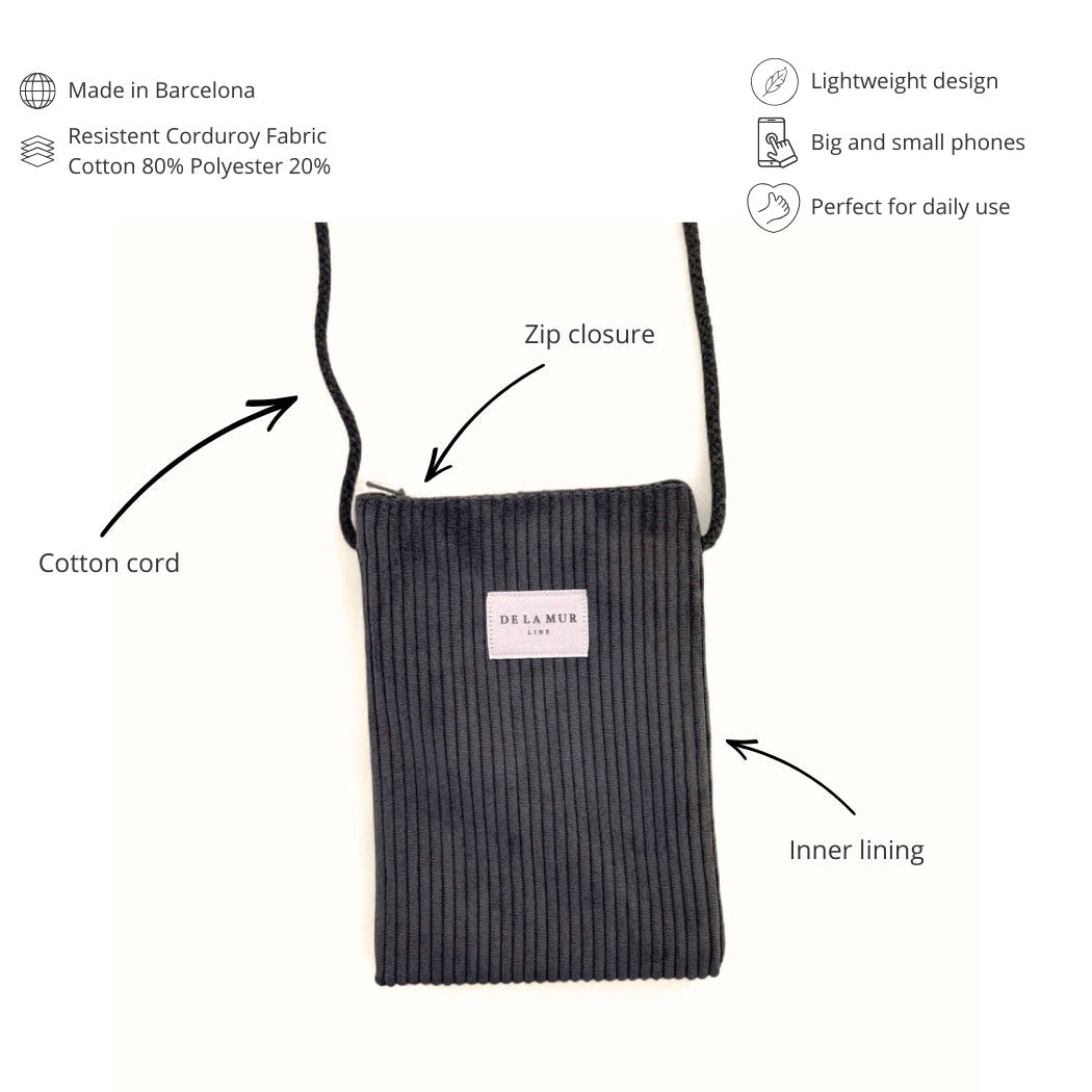 DE LA MUR Boni phone sleeve features: corduroy fabric, cotton cord, zip closure, lining