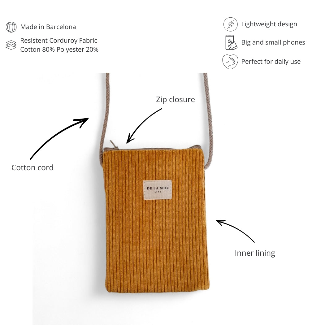 DE LA MUR Taz mustard corduroy phone sleeve features infographic: zip closure, cotton cord, lining
