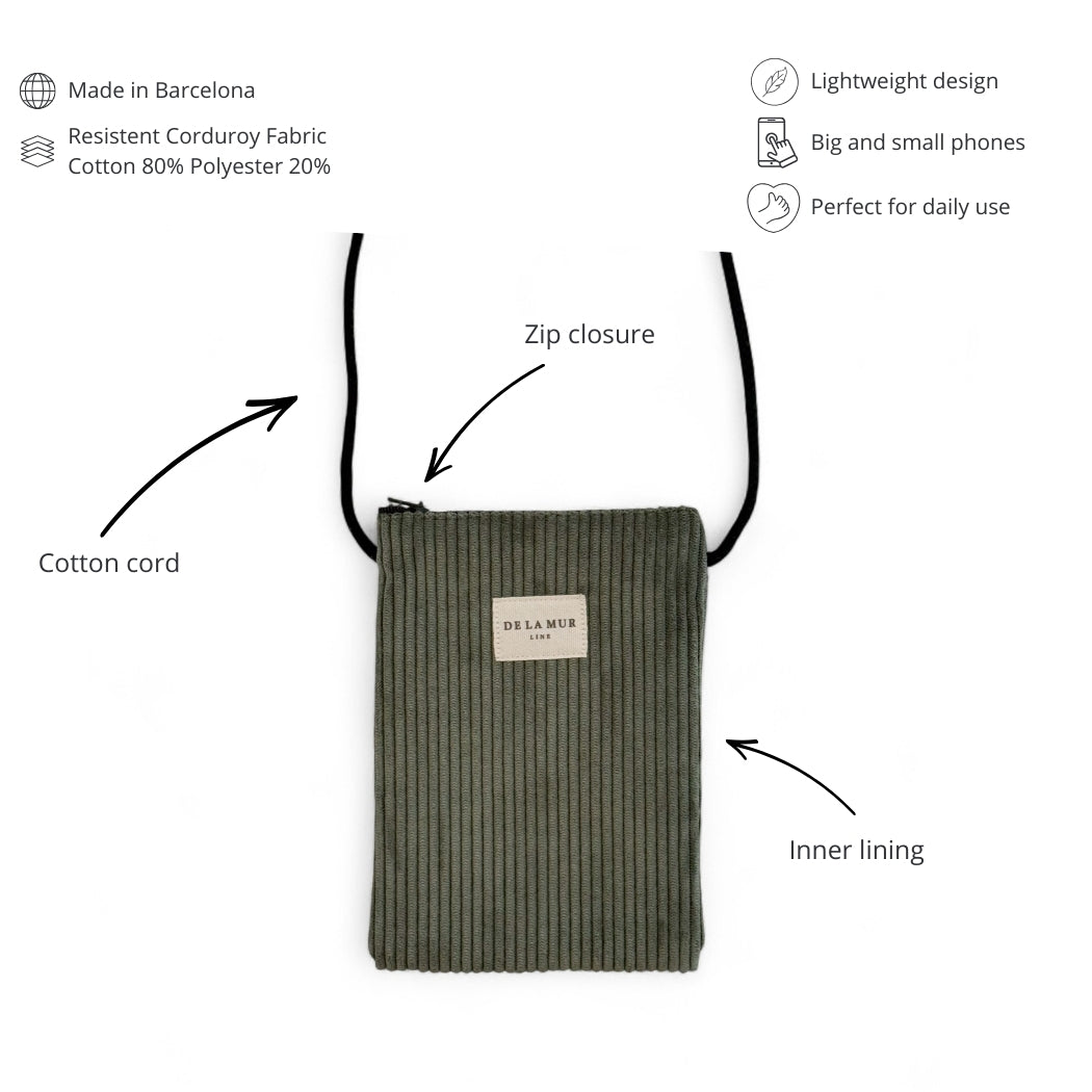DE LA MUR Tree corduroy phone sleeve features infographic: zip closure, cotton cord, lining