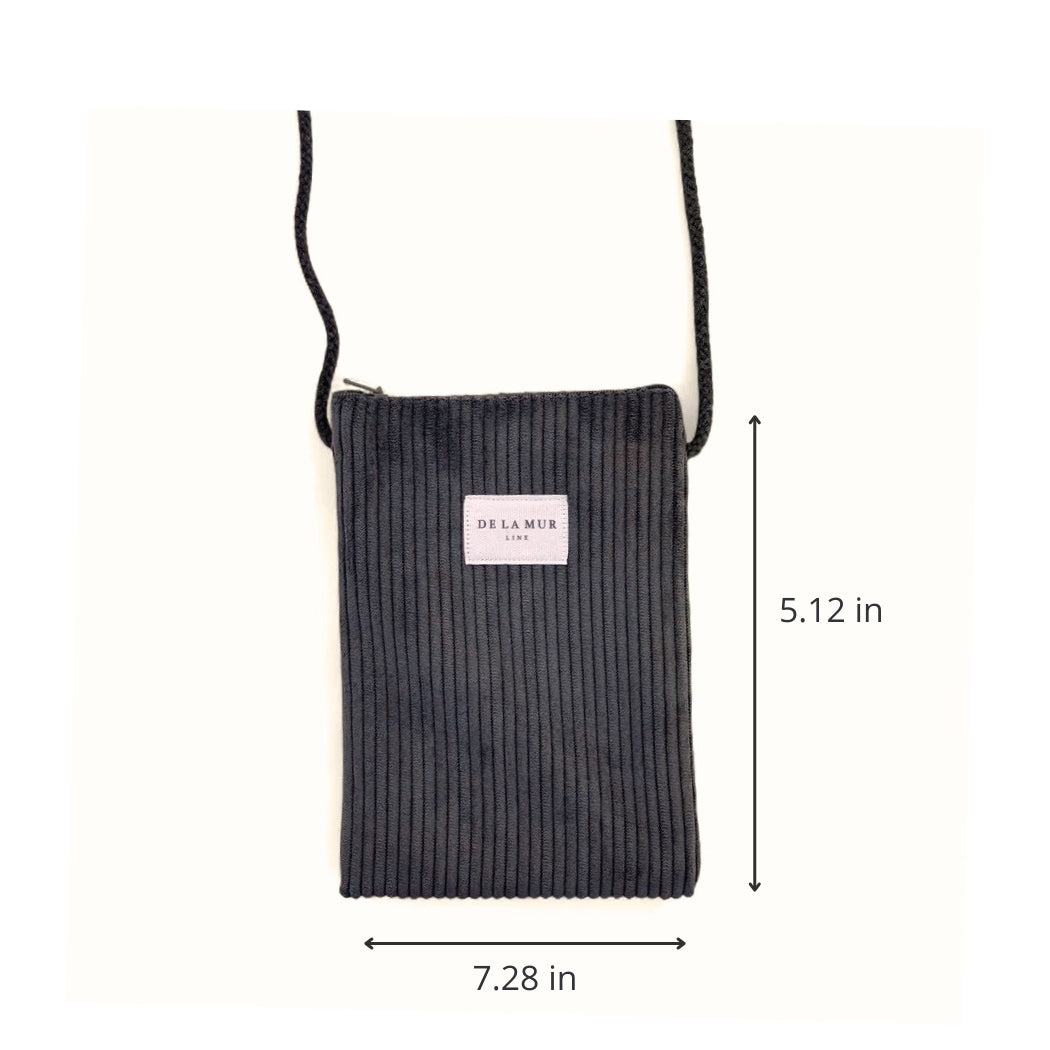 DE LA MUR Boni gray corduroy phone sleeve dimensions diagram, 7.28 x 5.12 in