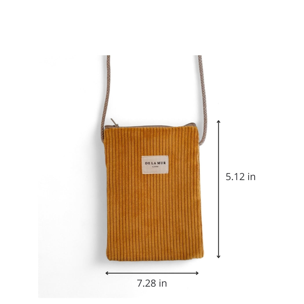 DE LA MUR Taz mustard corduroy phone sleeve dimensions diagram, 7.28 by 5.12 inches