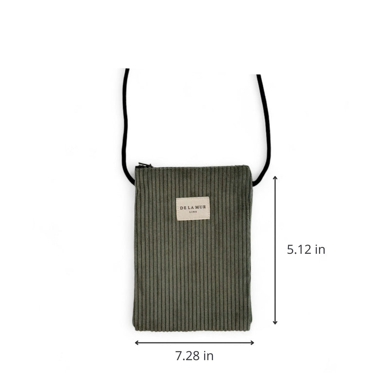 DE LA MUR Tree corduroy phone sleeve dimensions diagram, 7.28 by 5.12 inches