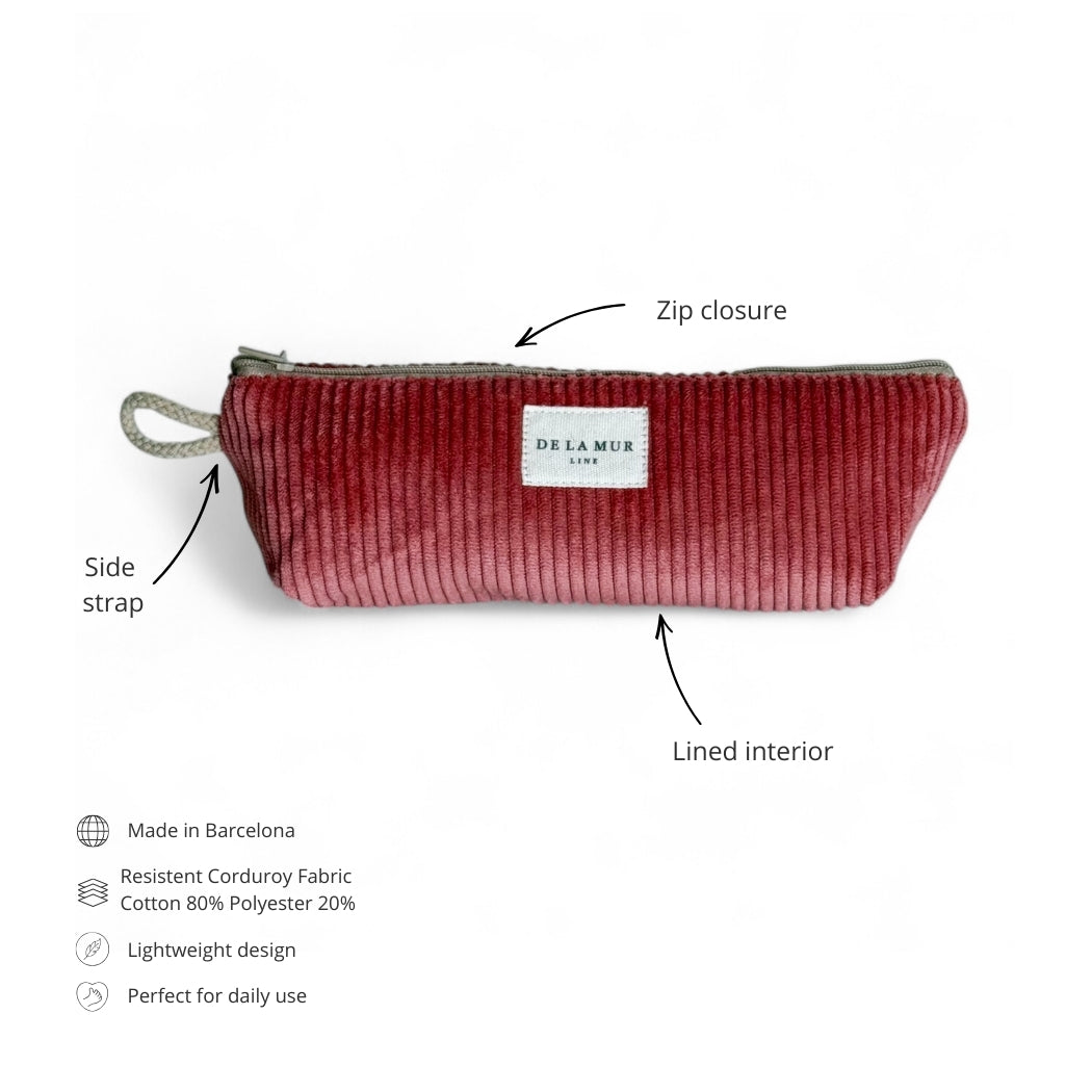 DE LA MUR Coral corduroy pencil case features: zip closure, side strap, lined interior