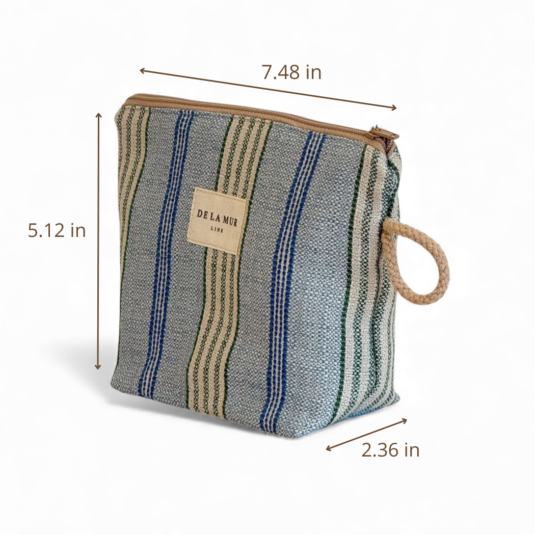 DE LA MUR Cata striped small makeup bag dimensions diagram in inches