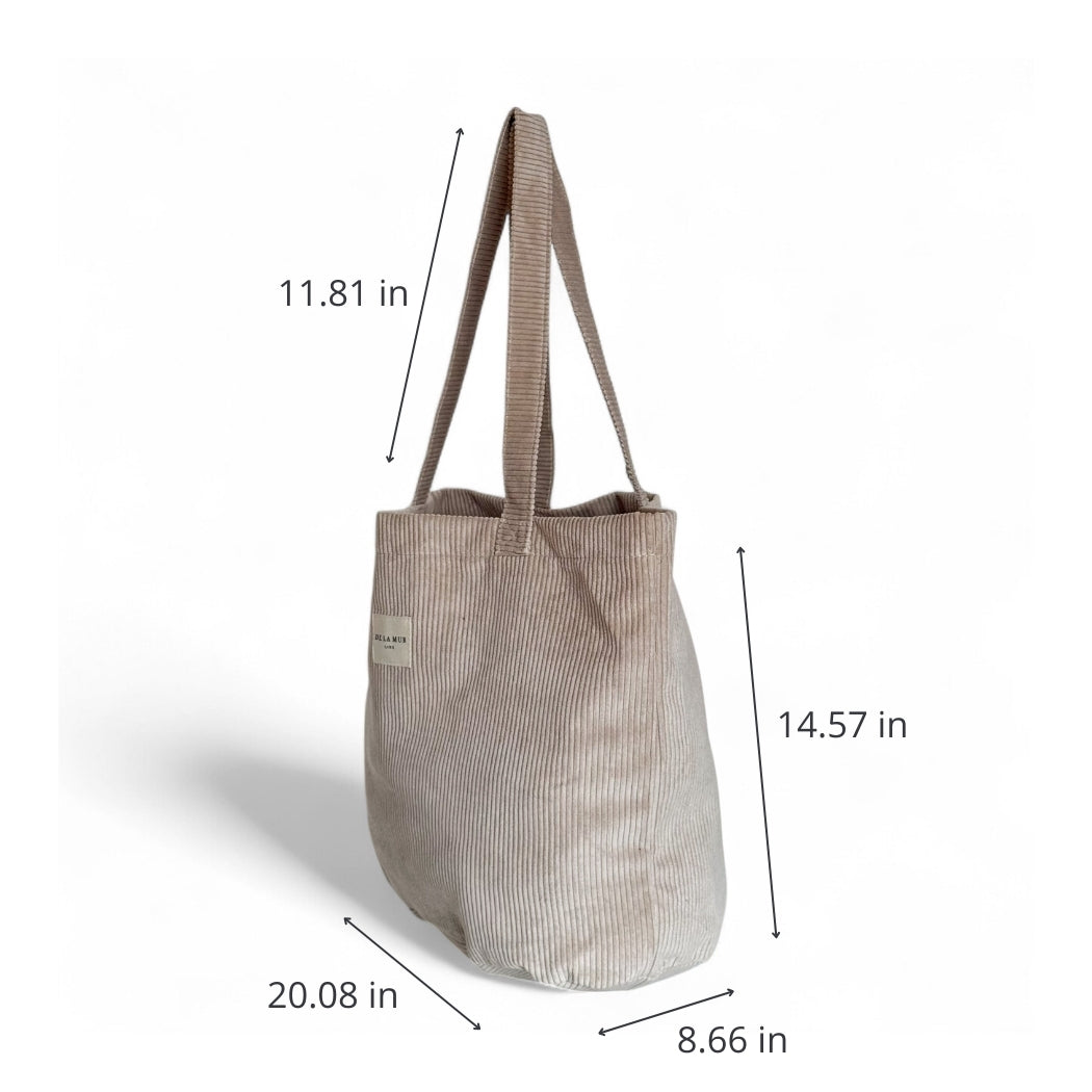 DE LA MUR beige corduroy large tote bag, side view with dimensions in inches