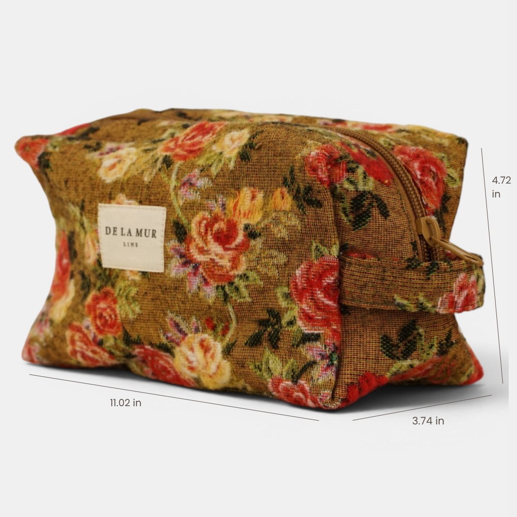 Mustard floral jacquard DE LA MUR makeup bag, side view with dimensions 11.02 x 4.72 x 3.74 in