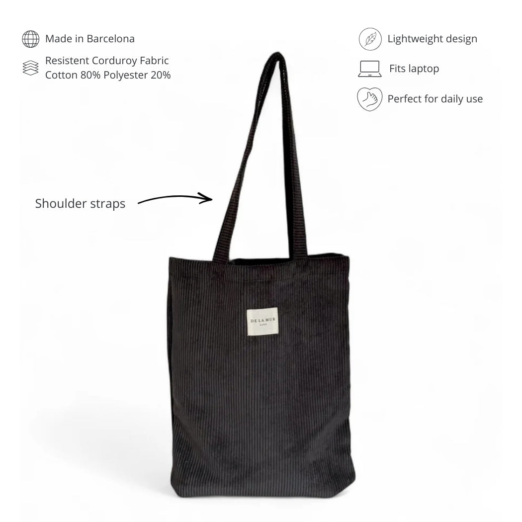 DE LA MUR Boni corduroy tote features infographic: Barcelona-made, fits laptop