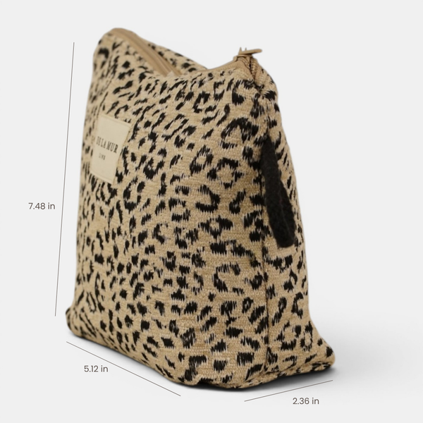 DE LA MUR Koto leopard makeup bag dimensions diagram, 7.48 x 5.12 x 2.36 in