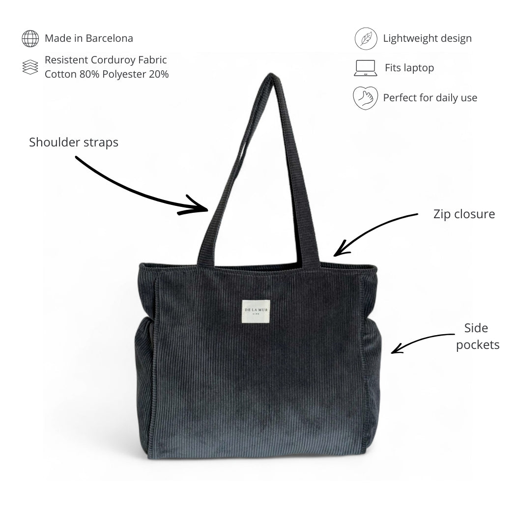 DE LA MUR gray corduroy tote bag features: straps, zip closure and side pockets
