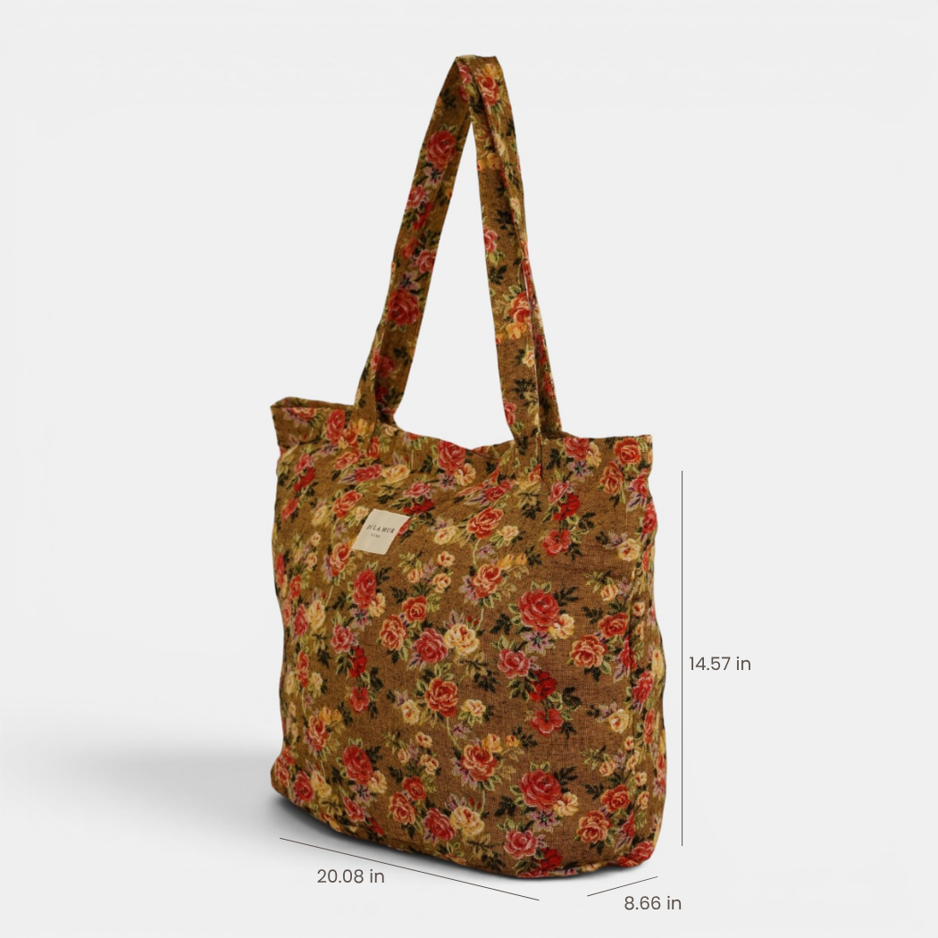 DE LA MUR Esme floral jacquard bag, side view with dimensions 20.08x14.57x8.66 in