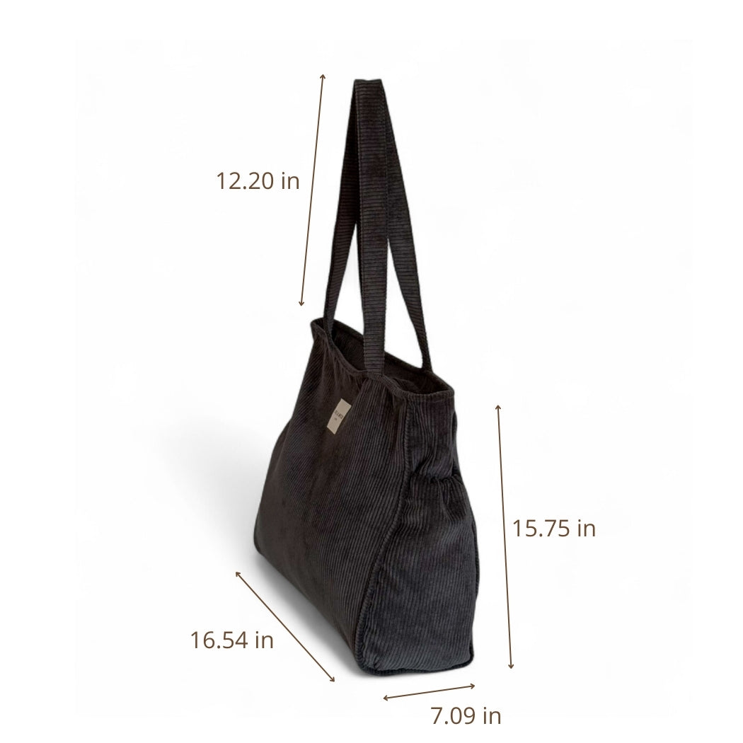 DE LA MUR gray corduroy tote bag dimensions diagram in inches, side view