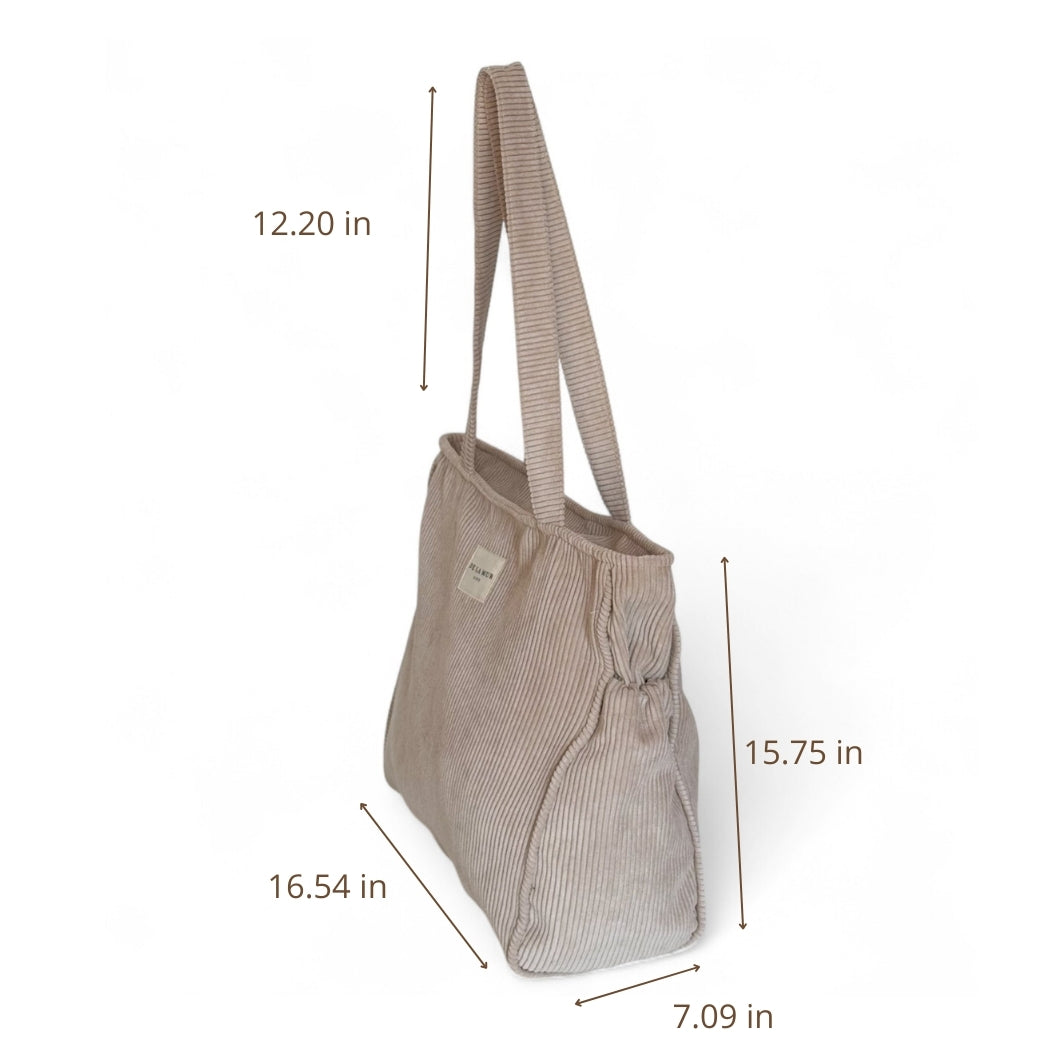 DE LA MUR beige corduroy tote bag dimensions diagram in inches, side view