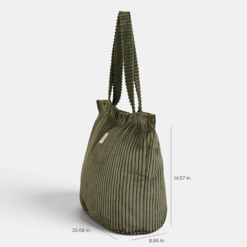 DE LA MUR Musgo olive green corduroy bag, side view with dimensions 20.08x14.57x8.66 in