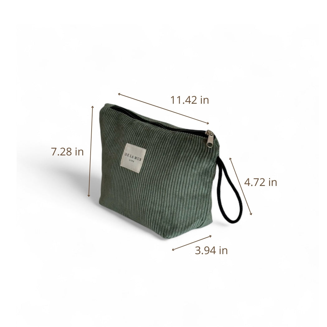 DE LA MUR Tree green corduroy pouch, side view with measurements