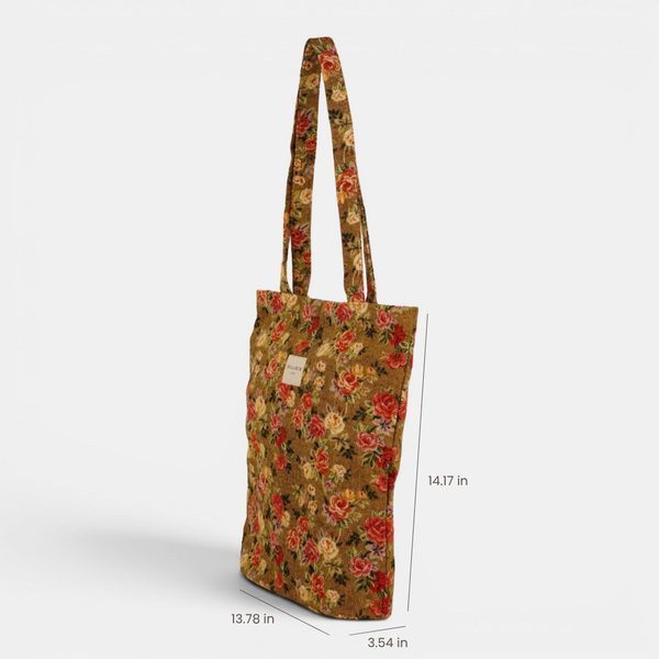 DE LA MUR Esme floral jacquard bag, three-quarter view with dimensions 13.78 x 14.17 x 3.54 in