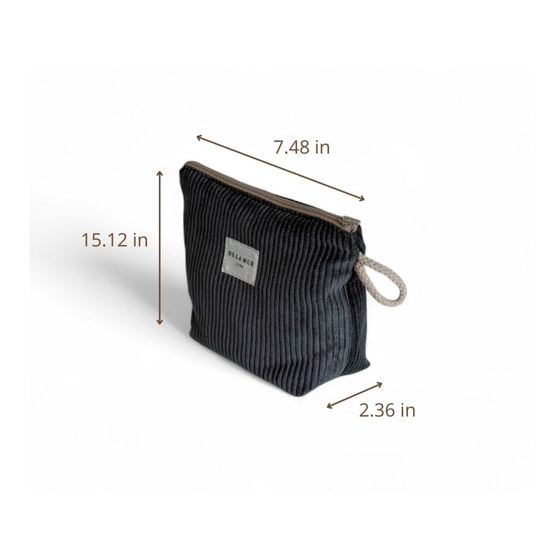DE LA MUR Boni gray corduroy pouch with dimensions diagram in inches