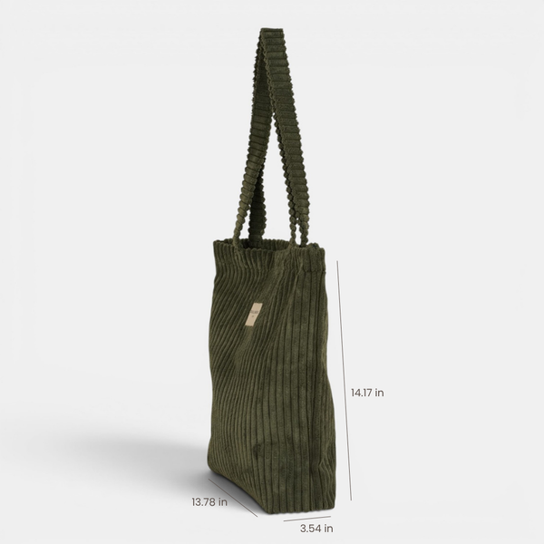 DE LA MUR Musgo corduroy bag, three-quarter view with dimensions 13.78 x 14.17 x 3.54 in