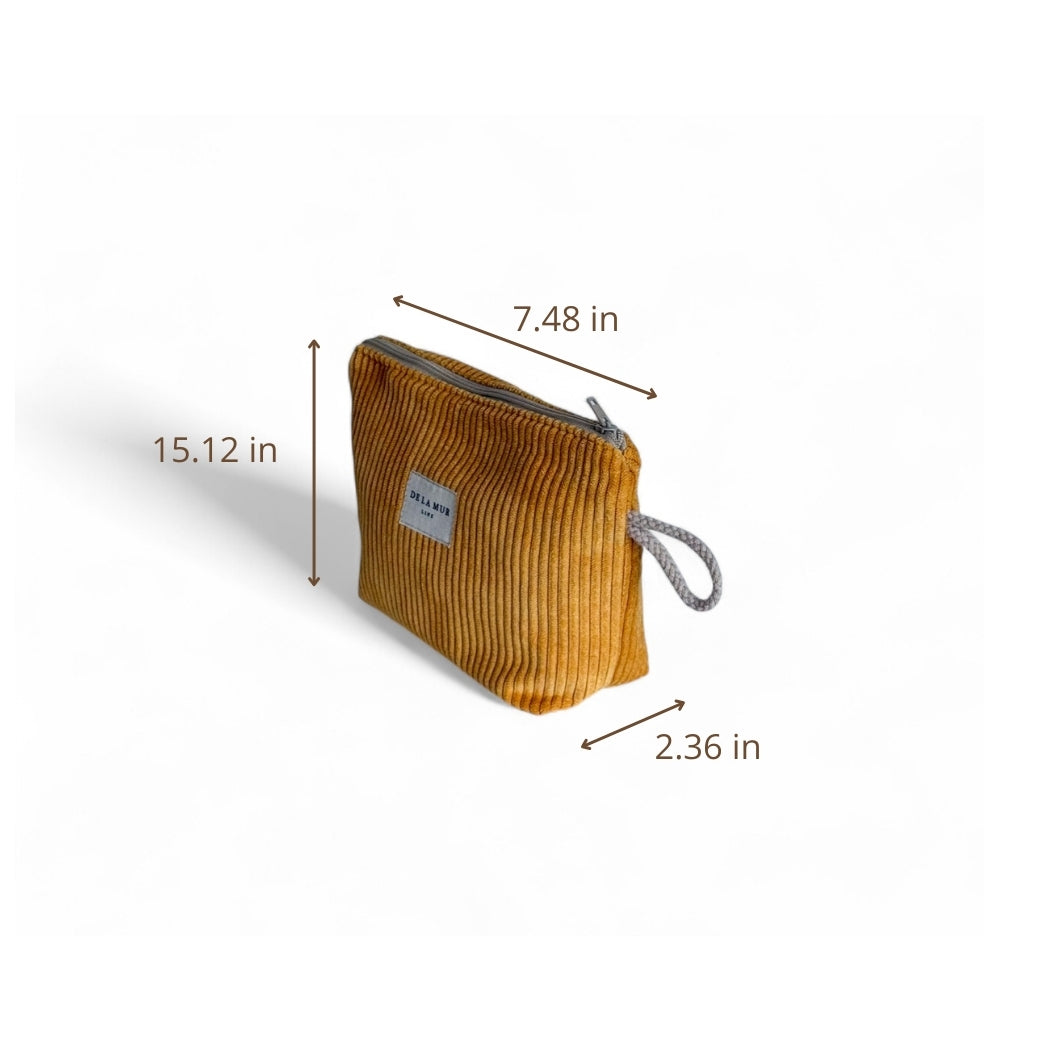 DE LA MUR Taz mustard corduroy pouch with dimensions diagram in inches