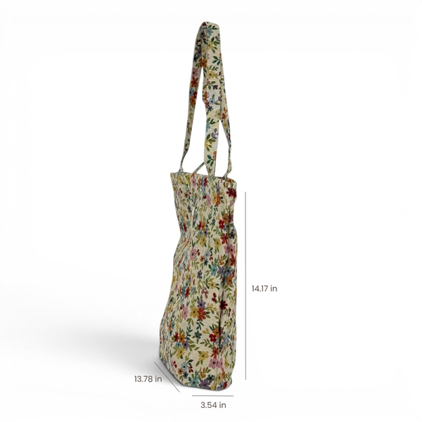 DE LA MUR Blum floral jacquard bag dimensions diagram in in, side view