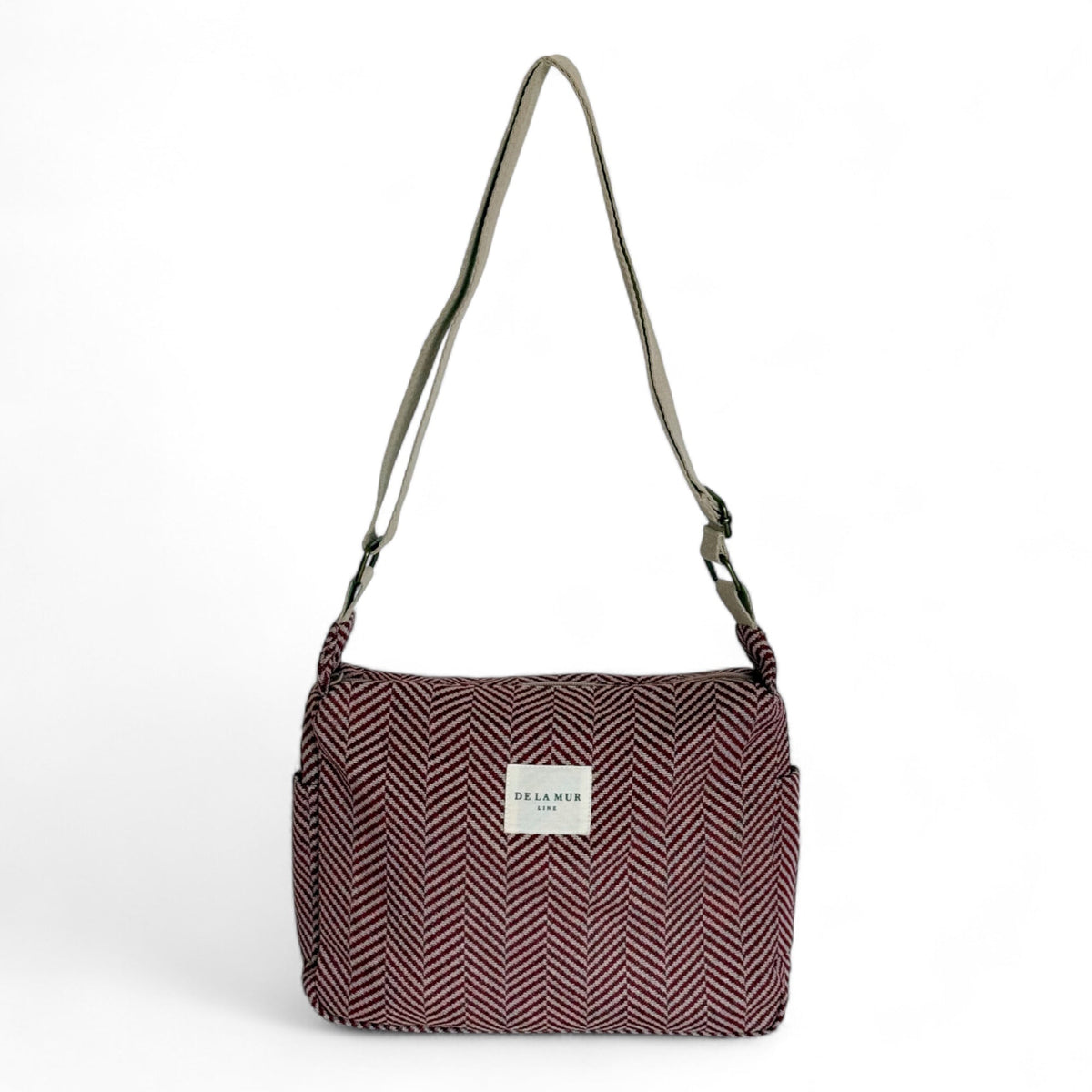 DE LA MUR Dubai herringbone jacquard small handbag in burgundy and beige, front view