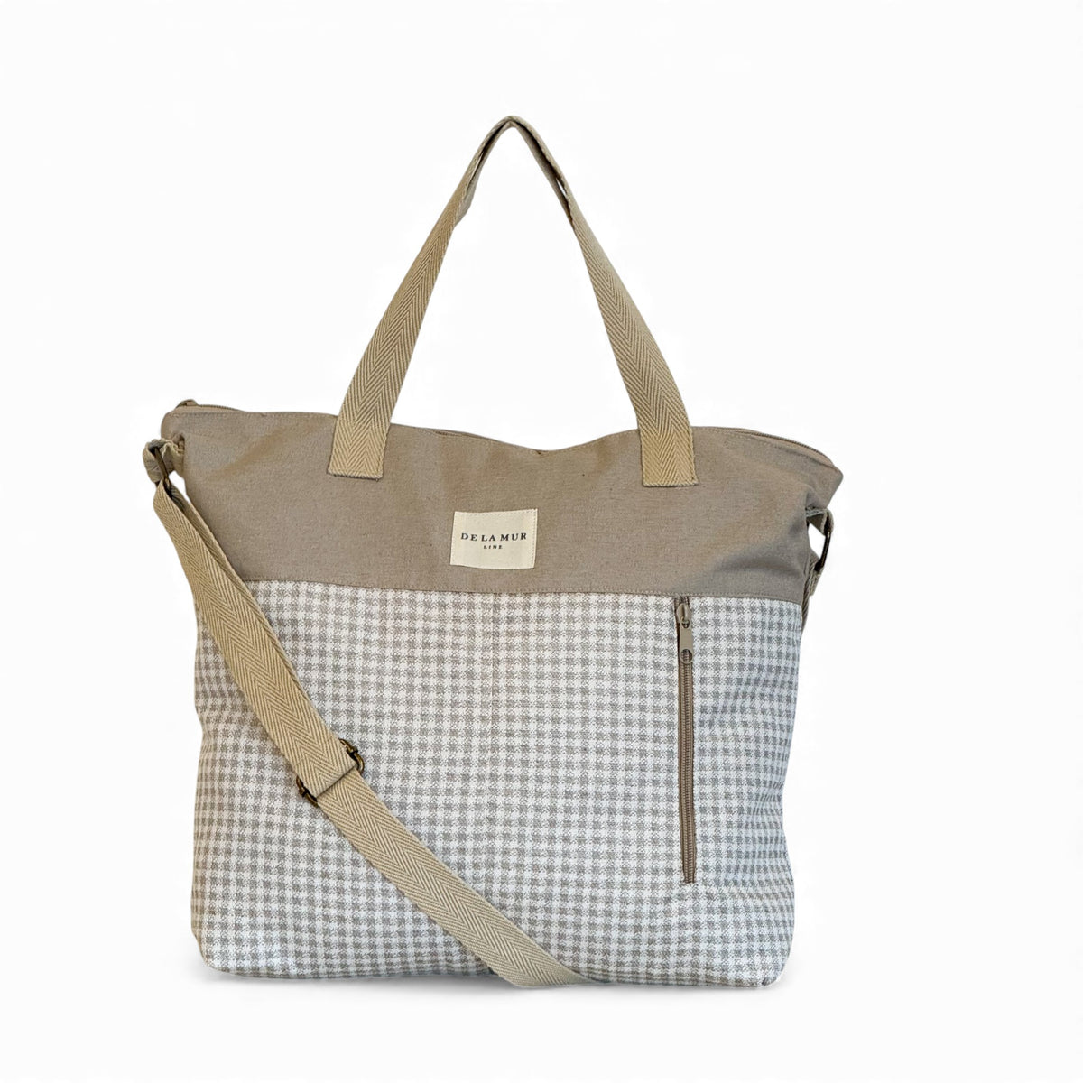 DE LA MUR Vison vichy check jacquard handbag in beige and natural, front view