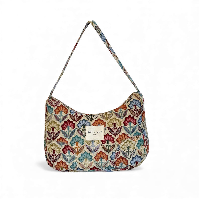 DE LA MUR Flora floral jacquard shoulder bag in multicolor and gray, front view