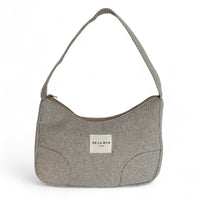 DE LA MUR Sydney shoulder bag in beige and gray woven fabric, front view