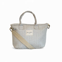 DE LA MUR Vison gingham jacquard basket handbag in beige and off-white, front view