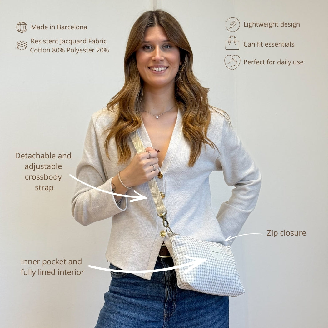 Model wearing DE LA MUR Vison gingham crossbody clutch with features infographic