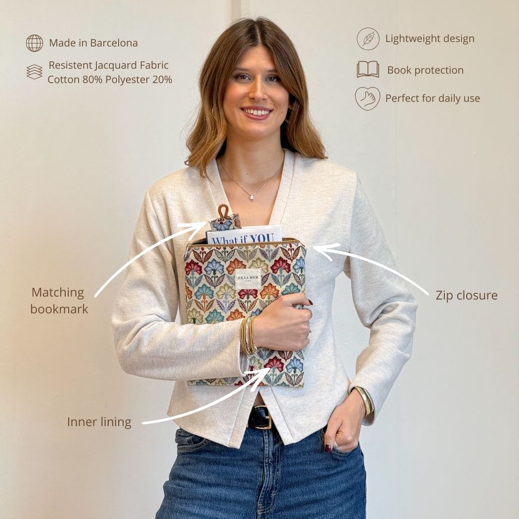 Model holding DE LA MUR Flora floral book cover and bookmark with features infographic