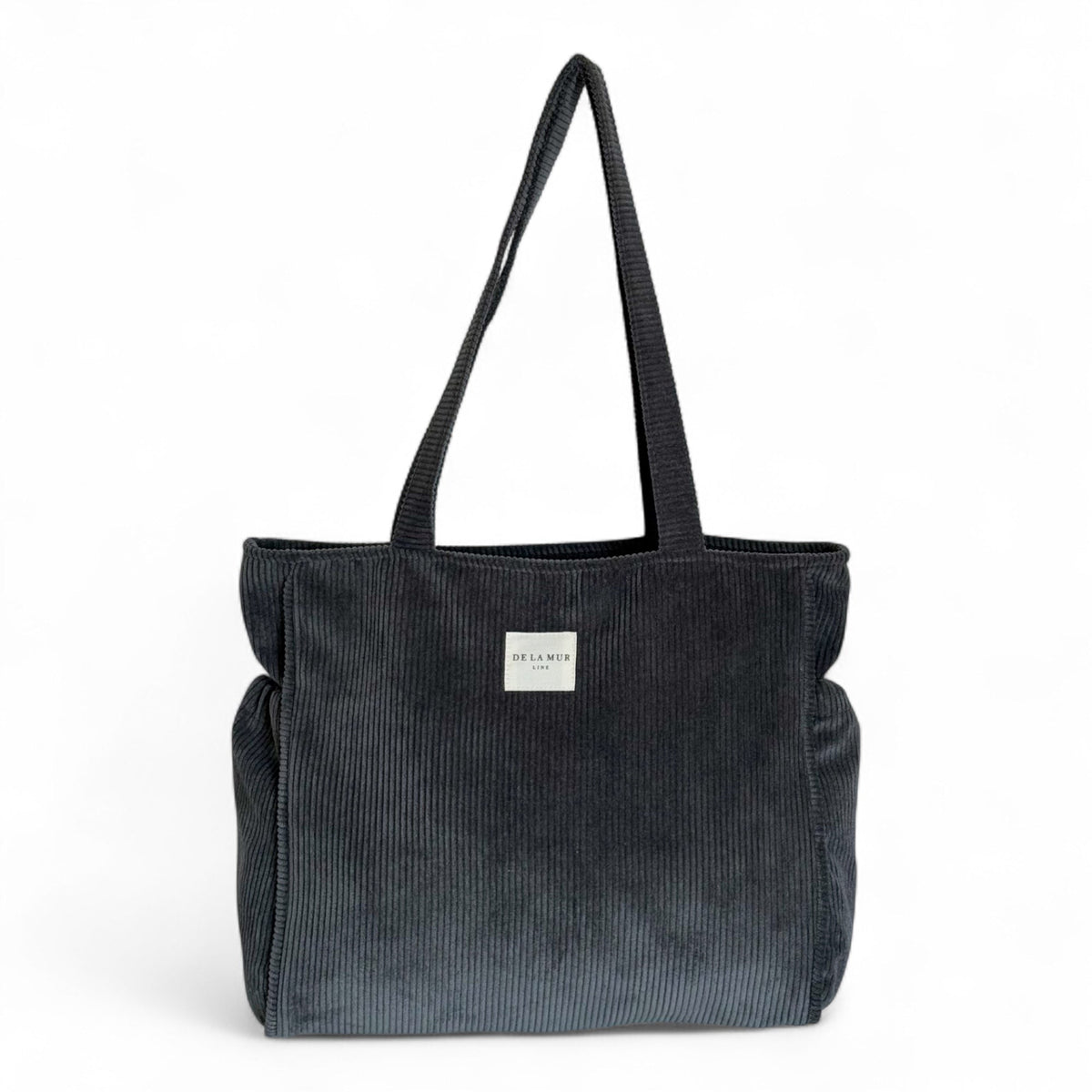 DE LA MUR gray corduroy zippered tote bag, front view with shoulder straps