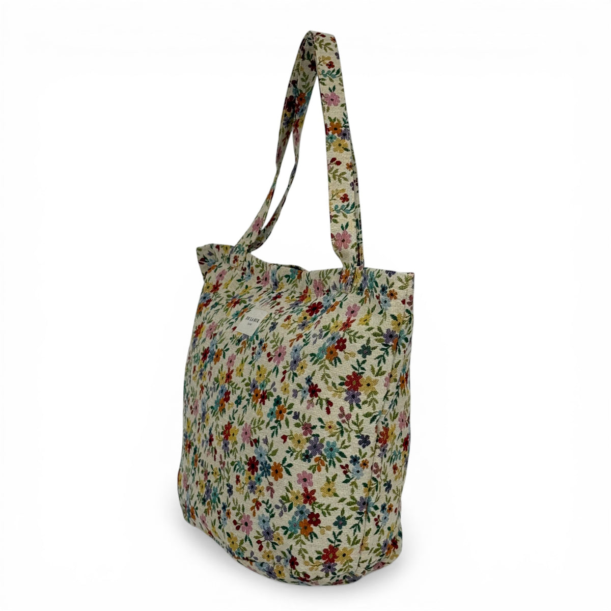 DE LA MUR floral jacquard Blum tote bag, three-quarter side view showing depth