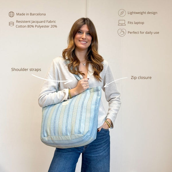 Striped Jacquard Large Zippered Bag – Blue & Green (Cata)